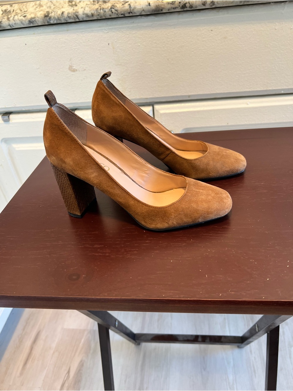 Franco Sarto Ingall Suede Cognac Pumps w/Reptile Pattern Heels - Size 5.5M
